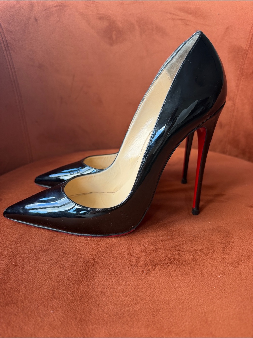 Christian Louboutin Black Patent Pointed Toe Pumps with Red Sole